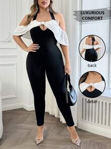 SHEIN Unity Plus Size Women Elegant Knitted Black & White Rhinestone Buckle Belted Jumpsuit - Black and White - View 1