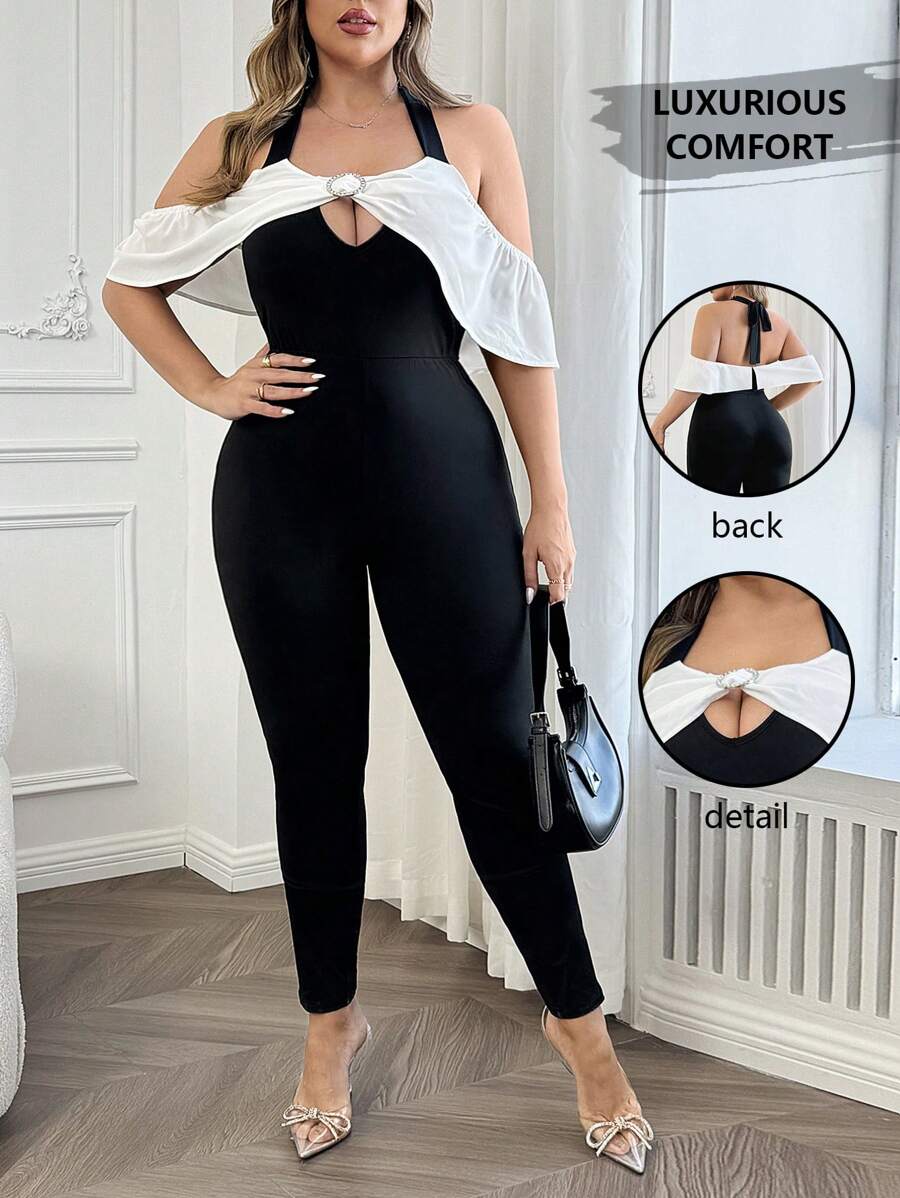 SHEIN Unity Plus Size Women Elegant Knitted Black & White Rhinestone Buckle Belted Jumpsuit - Black and White - View 1