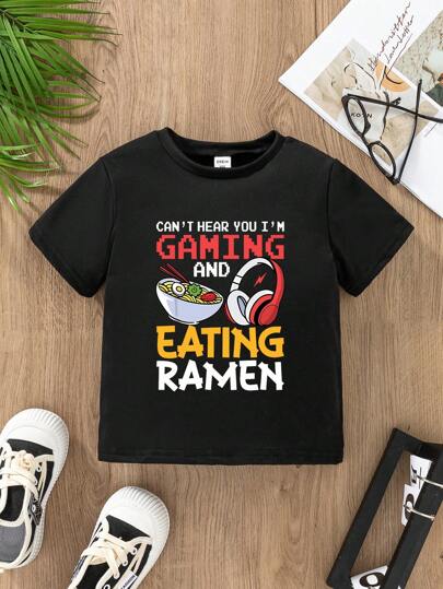 年轻男孩夏季休闲 T 恤，游戏玩家和拉面爱好者设计圆领短袖 T 恤