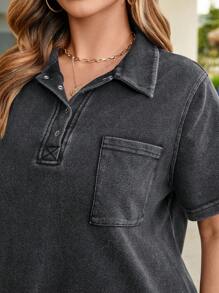 SHEIN LUNE Heavy-Wash Collared Casual Comfortable Pocket-Decor Plus Size T-Shirt Dress Boho Cowgirl Outfit Old Money Festival Bohemian Western Wear Women Hippie Summer Boho Old Money Summer Outfits For Women Spring Break Rave Outfits Festival Spring Break Outfits Cotton