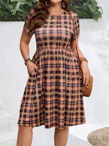 EMERY ROSE 大码简约休闲日常连衣裙，女士波西米亚风/夏季，女士度假装 - 棕色 - 查看 5