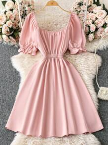 SHEIN LUNE Plus Size Women Square Neck Ruched Waist A-Line Dress, Spring/Summer Wedding Day Wedding Guest - Pink - View 2