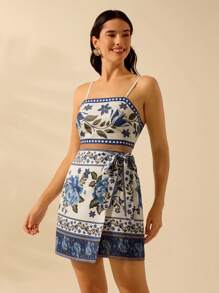 CAJUNI Top de tirantes de mujer con estampado tropical floral bohemio y cordones, camiseta casual de verano para vacaciones y playa