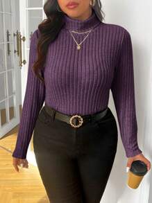 SHEIN Frenchy Plus Size Ribbed Fleece Turtleneck Bodycon Turtleneck T-Shirt - Purple - View 6