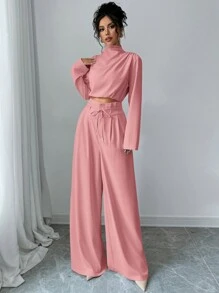Firerie Bộ đồ hai mảnh áo sơ mi cổ xếp chồng thanh lịch màu hồng và quần ống rộng cho nữ, bộ quần nhẹ và thoải mái, bộ áo không tay bất đối xứng hai mảnh, bộ đồ hai mảnh ngày nhà giáo, bộ đồ hai mảnh áo dài tay đi làm, bộ đồ hai mảnh cho nữ, thanh lịch, đi làm, giản dị, bộ đồ hai mảnh ngày lễ, quần áo ngày lễ tình nhân - Bụi hồng - Xem 5