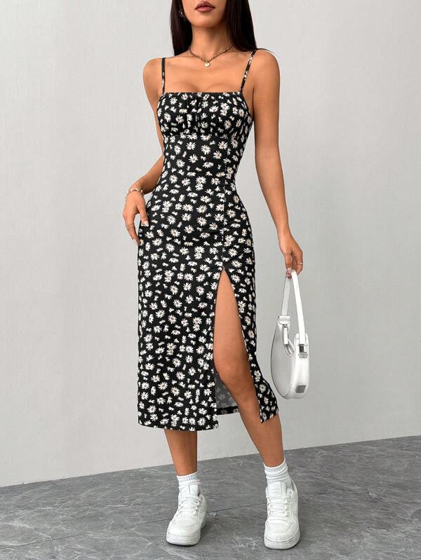 SHEIN PETITE Rochie de damă, slim fit, cu bretele spaghete, cu fantă laterală, cu model floral