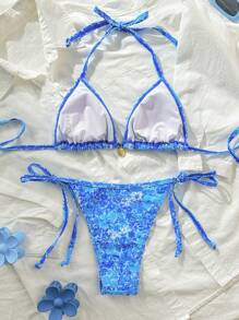Swim Vcay Women's Random Ditsy Floral Ruffle Strap Sexy Spaghetti Strap Bikini Sets, Summer - Blue - View 2