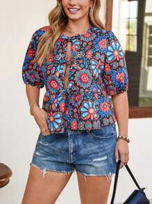 SHEIN LUNE 大码女式节日波西米亚风夏季花卉印花前中系带短袖开襟宽松休闲女式衬衫度假风 - 彩色 - 查看 6