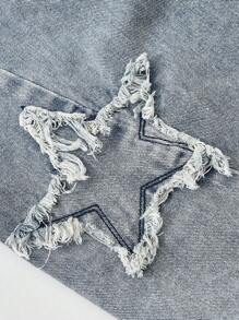 SHEIN EZwear 女士春夏情侣同款/说唱歌手/外出牛仔星星图案贴布直筒牛仔裤 - 淺藍色 - 查看 7