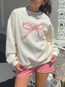 INAWLY Exquisite Bow Embroidery Loose Fit "MAMA" Embroidered Graphic Sweatshirt For Women, Autumn/Winter Pullover Fall Sweatshirt - Beige - View 1