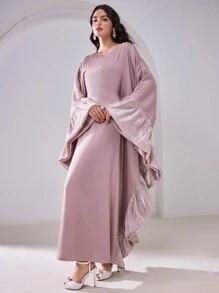 Al Najma Elegante effen Arabische jurk met ruches en vleermuismouwen voor dames, bescheiden