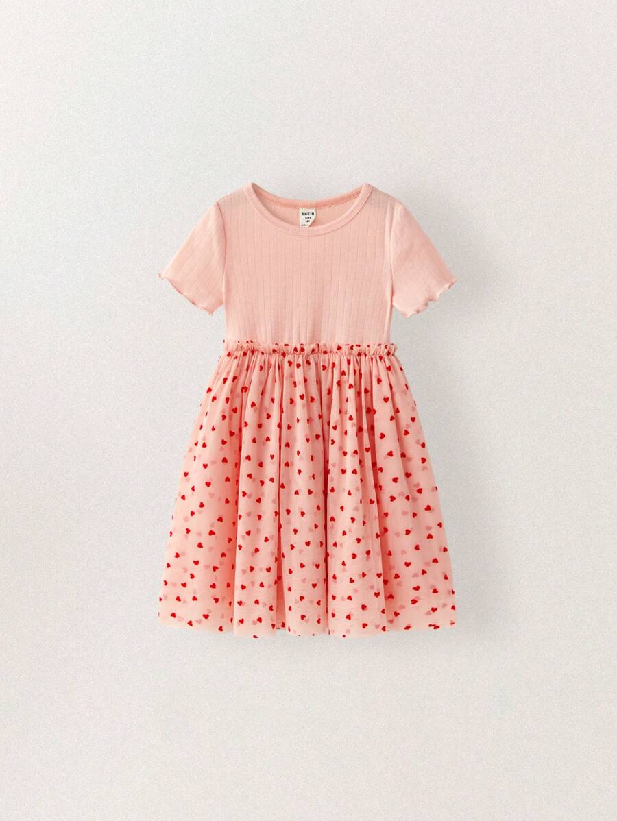 THE HAPPY LOOK Young Girls Round Neck Short Sleeve Babylock Knit Patchwork Heart Pattern Mesh Pink Dresses, Suitable For Spring For Valentine's Day