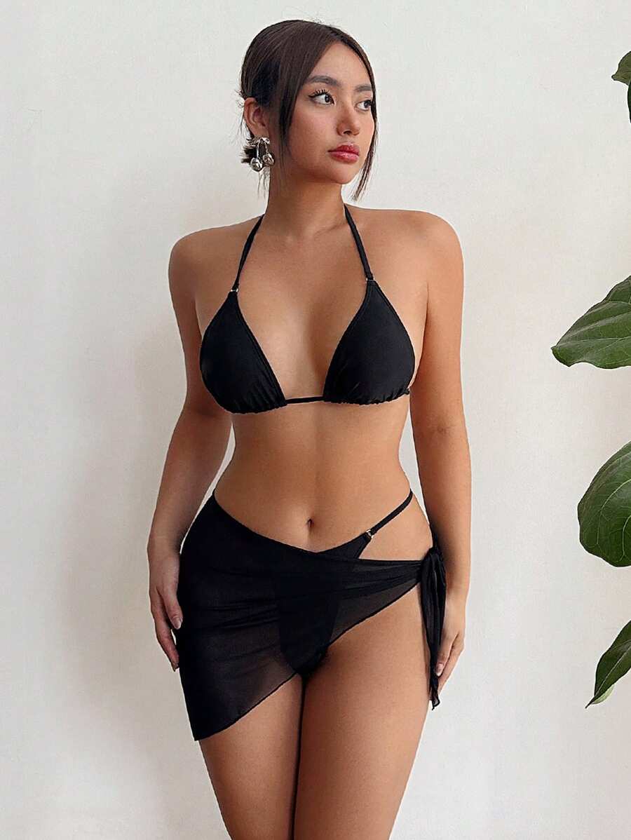 Women's Solid Color Halter Neck Triangle Bikini Bottoms With Mesh Attached Skirt 3-Piece Beach Swimwear Set, Summer - Black - View 1