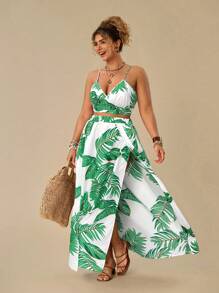 SHEIN VCAY 加上热带印花吊带背心和开叉夏季半身裙 - 白色 - 查看 1