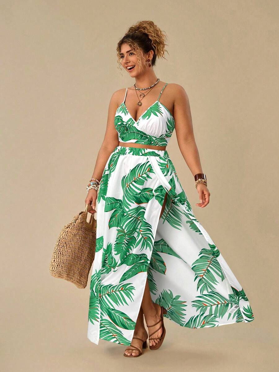 SHEIN VCAY 加上热带印花吊带背心和开叉夏季半身裙 - 白色 - 查看 1