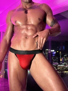 Calzoncillos sexys de hombre con corte revelador y empalme de colores contrastantes - Rojo - Ver 3