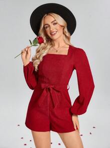 SHEIN LUNE Mono casual con cuello cuadrado romántico de color rojo, cintura anudada, para el Día de San Valentín