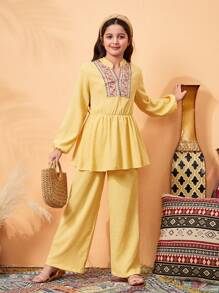 2pcs/Set Tween Girls Clothing Set: Traditional Element Pattern Top With Floral Trim And Loose Yellow Pants - Yellow - View 3