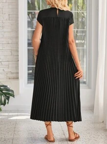 SHEIN LUNE Vacation Casual Pleated Round Neck Dress For Women, Summer