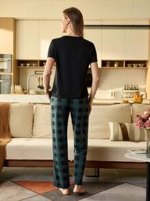 CoupledUp Women Round Neck Short Sleeve Simple Top And Long Pants Pajama Set - Black - View 5