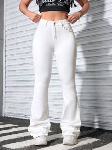 SHEIN ICON Calças Denim Casuais Femininas de Cor Sólida com Botões na Frente e Bolsos - Branco - Visão 6