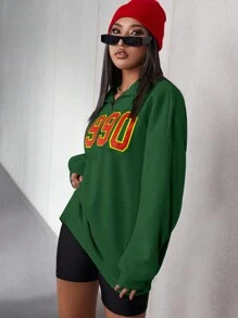SHEIN EZwear Sudadera oversize con cuarto de cremallera y estampado de números, para otoño/invierno - Verde Oscuro - Ver 4