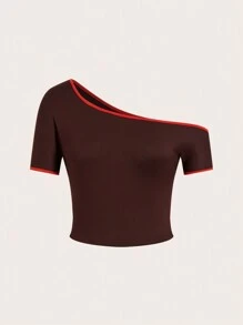 SHEIN EZwear Women's Spring/Summer Date Night Daily Wear Going Out Knit Color-Blocked Asymmetrical Neck Slim Fit Cropped T-Shirt,Valentine's Day