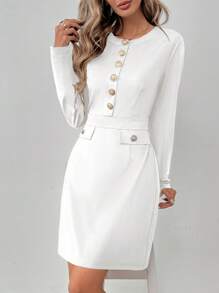 SHEIN Clasi 女士优雅金属纽扣装饰长袖迷你连衣裙，秋冬 - 白色 - 查看 3
