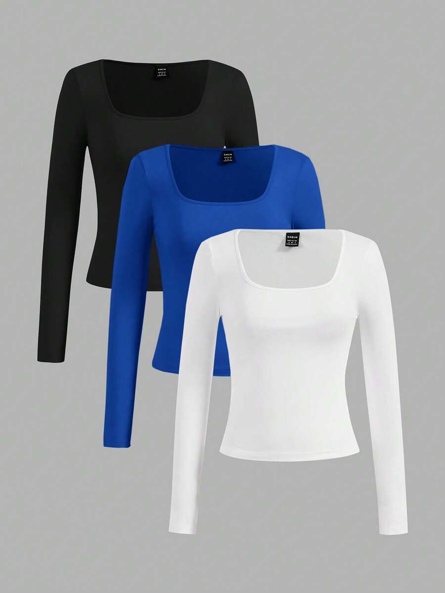 SHEIN EZwear 3件組女款休閒純色黑色、鈷藍色、白色短袖修身短版T恤，適合秋冬，日常上班穿搭上衣 - 彩色 - 查看 1