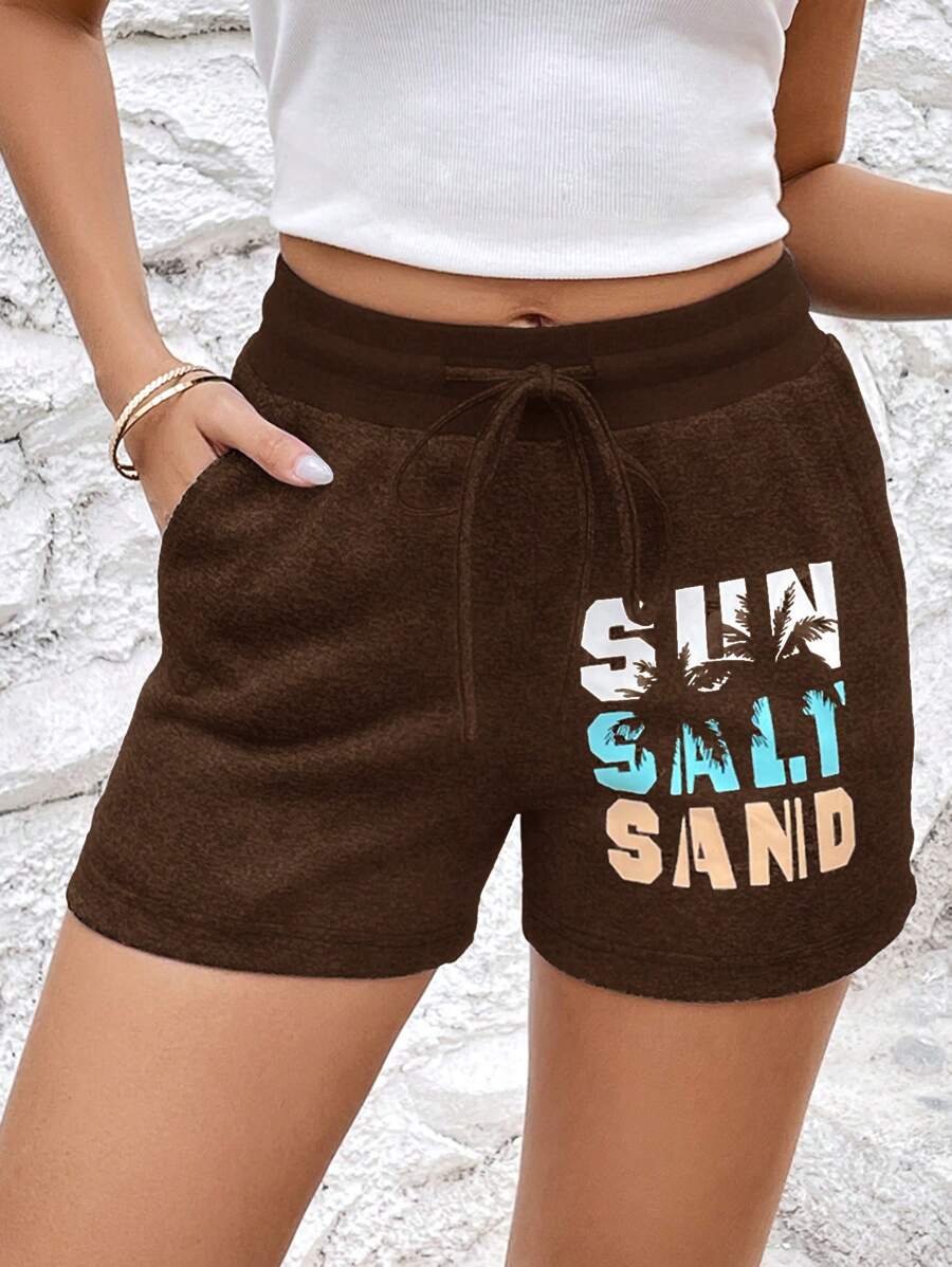 SHEIN LUNE Quần short thường ngày in họa tiết, tối giản và thời trang để mặc hàng ngày - Cà phê nâu - Xem 1