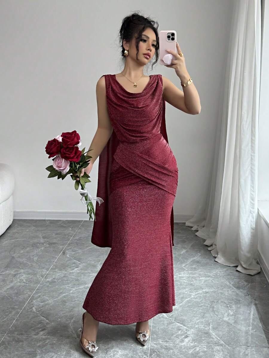 SHEIN Unity 女士秋冬新年情人节深 V 领镂空丝带亮片派对酒红色连衣裙 - 紅色 - 查看 1