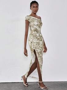 Chiquease Fashionable Tie-Dye Floral Asymmetric Twist Slit Maxi Dress