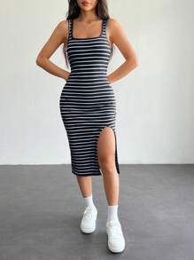 SHEIN PETITE Summer Women's Casual Basic Tank Top Striped Split Dress,Vacation Outfits Women - Navy Blue - View 5