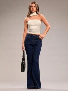 SHEIN x Lina SHEIN BAE Women's Solid Color Bandeau Minimalist Fitted Top, Casual Everyday Wear - Apricot - View 3