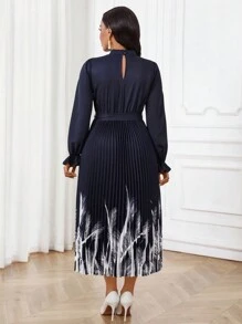 SHEIN Lady Leopard Print Dress Pleated A-Hem Long Dress For Women - Navy Blue - View 2