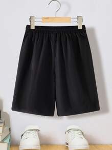 SHEIN 青少年男孩休闲宽松抽绳松紧腰短裤，舒适百搭 - 黑色 - 查看 2