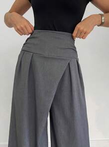 Siren Gaze 深灰色设计阔腿裤女士修身套装宽松高腰垂裆长裤，办公室穿着女士裤子 - 深灰色 - 查看 3