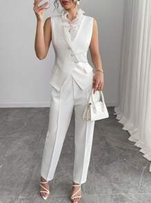 Gloray 2 件套：合身无袖深 V 领 3D 荷叶边口袋纽扣交叉不对称下摆七分阔腿裤，优雅休闲时尚正式服装，适合工作、婚礼、派对、春/夏