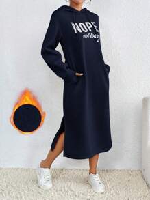 SHEIN LUNE 女式连帽羊毛运动衫连衣裙，带字母印花和抽绳，长袖上衣