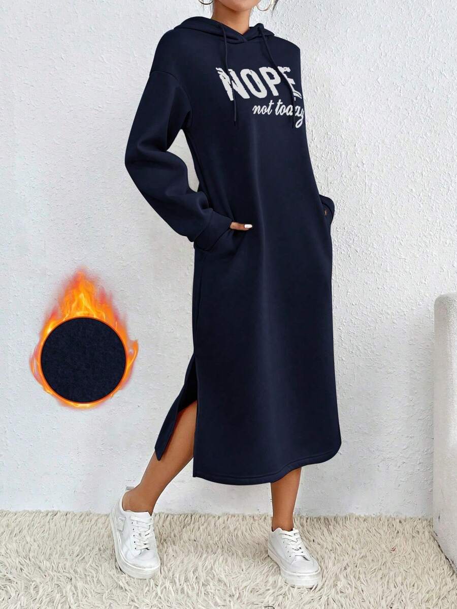 SHEIN LUNE 女式连帽羊毛运动衫连衣裙，带字母印花和抽绳，长袖上衣