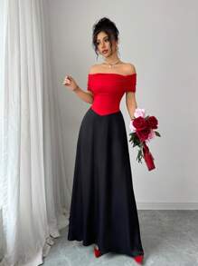 Elenzga Women's Elegant French Carnival/Easter/Valentine's Day Date Party Dress, Red Off Shoulder Color Block Ruffle Fitted Ankle-Length A-Line Gown