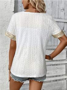 SHEIN LUNE Women's Casual Textured Patchwork Glitter Short Sleeve T-Shirt - White - View 2