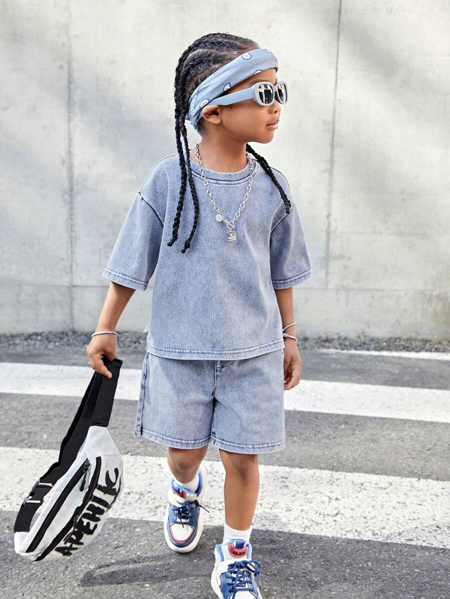SHEIN 2pcs/Set Young Boy Spring Summer Distressed Stonewashed Blue Knitted Denim Short Sleeve T-Shirt And Baggy Knitted Denim Bermuda Shorts,For Kids Summer Clothes Outfits - Medium Wash - View 1