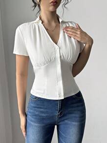 Chiquease Women's Short Sleeve V-Neck Button Front Minimalist Blouse, Casual Everyday Wear - White - View 6