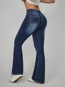 SHEIN PETITE Women's Front Button Pocket Minimalist Flare Jeans - Blue - View 2