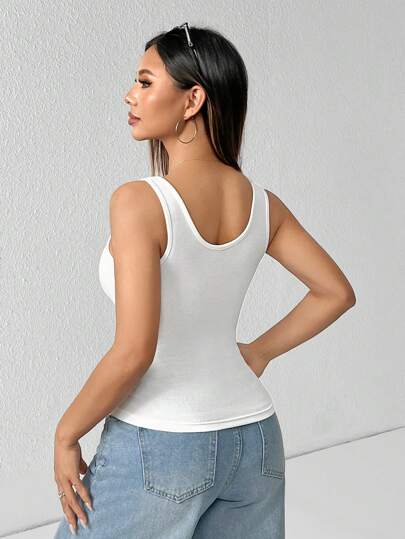 SHEIN PETITE 女士纯色无袖前扣式简约白色背心，休闲日常穿着