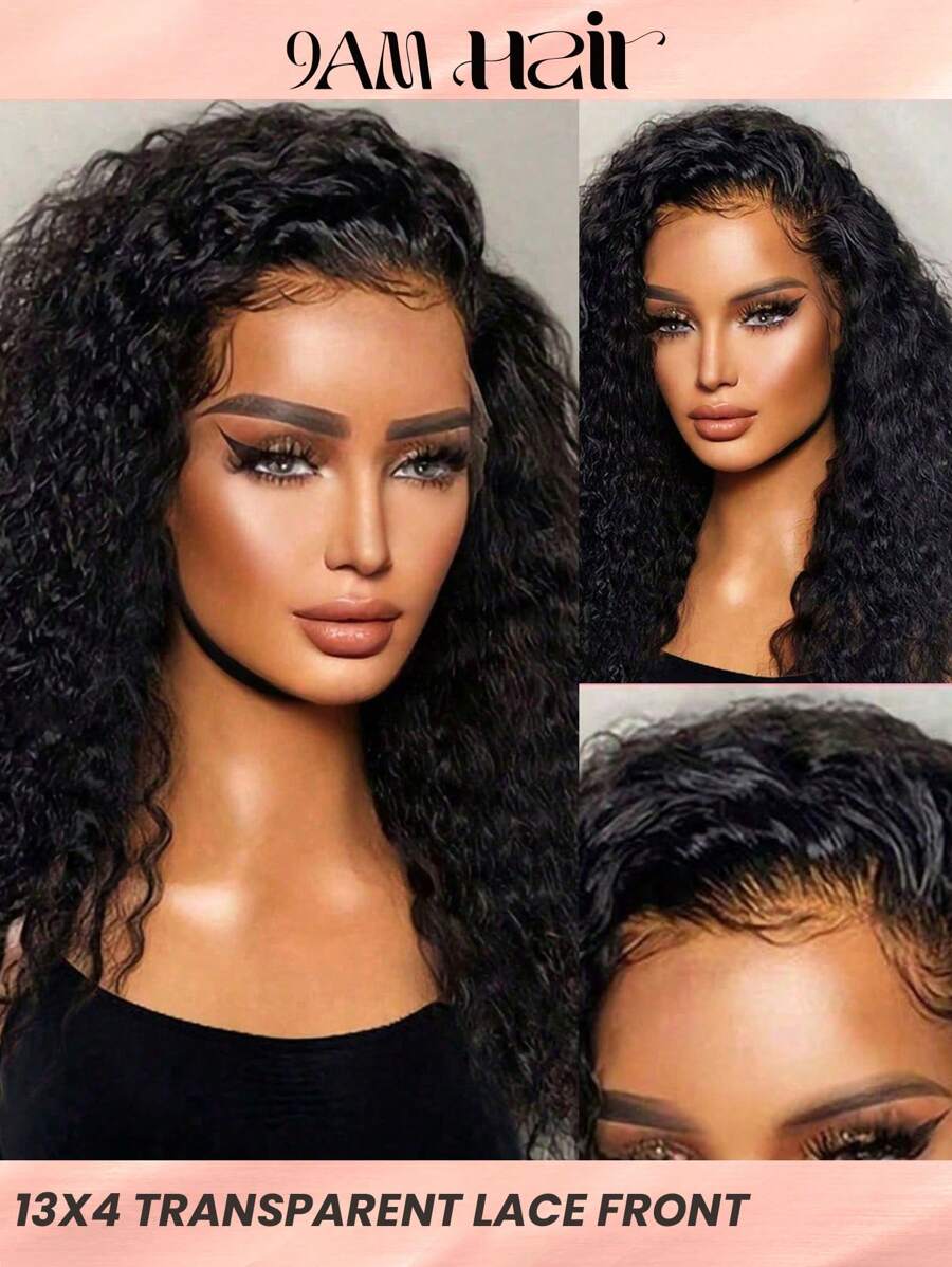 Swiss Transparent Lace Kinky Curly 13 X 4 Lace Front Wigs Human Hair Lace Frontal Closure Wigs With Baby Hair Pre Plucked Natural Hairline Wig Natural Black Color