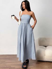 MainGRL Women's Casual Striped Bandeau Dress,Vacation Outfits Women,Pastel Dresses For Women - Blue and White - View 4