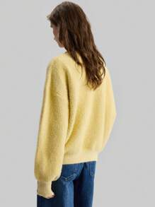 Ontre Women's Oversized Yellow Mohair Crew Neck Sweater, Versatile For Work And Casual, Old Money Pattern