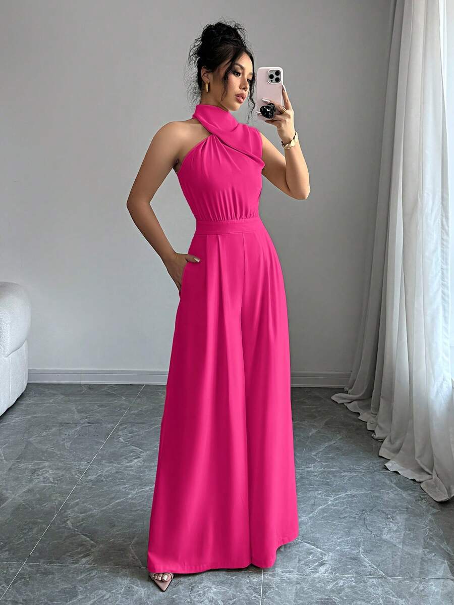 Firerie Women's Apricot Collarless Sleeveless Wide Leg Jumpsuit - Hot Pink - View 1